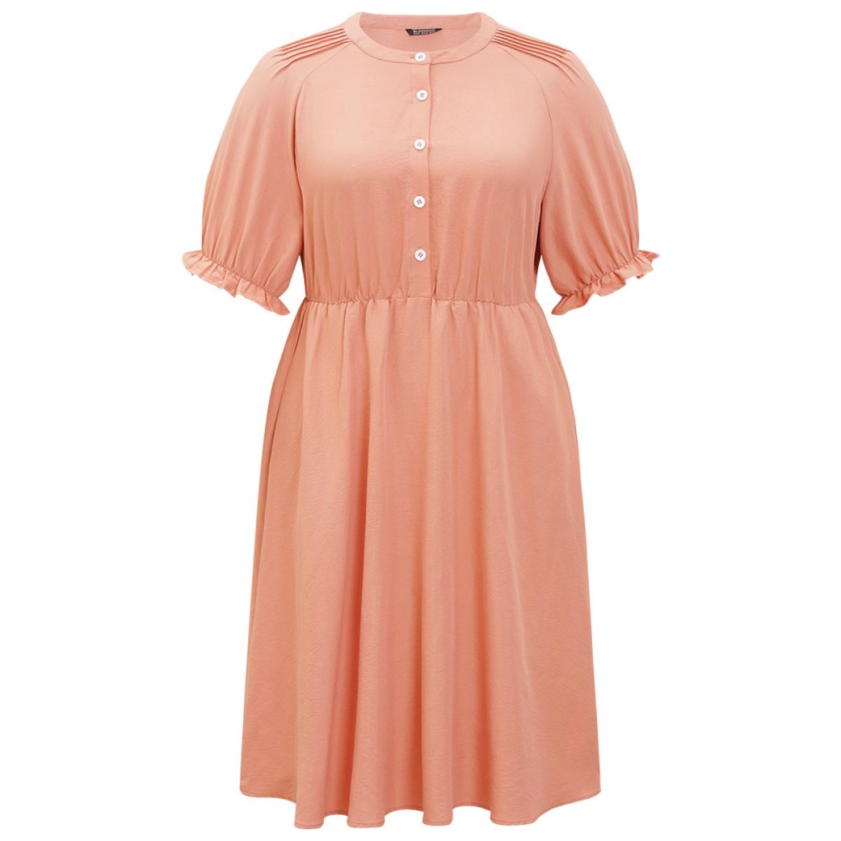 Plus Size Plain Ruffles Pocket Button Up Puff Sleeve Pleated Dress Salmon Women Office Pleated Round Neck Short sleeve Curvy Midi Dress BloomChic 14-16/1X Product Image