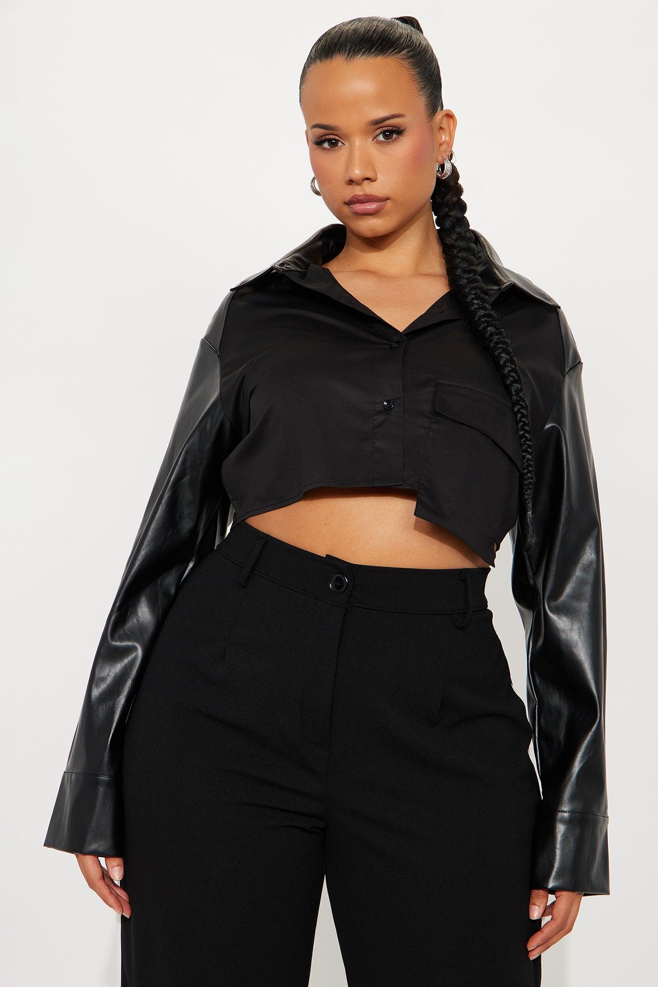 Hey Way Poplin Contrast Faux Leather Shirt - Black Female Product Image