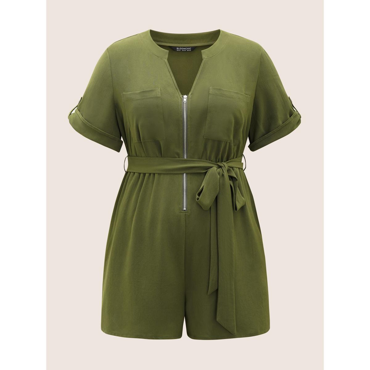 Plus Size Moss Solid Half Zip Belted Tab Sleeve Jumpsuit Women At the Office Half Sleeve Flat collar with V-notch Office Loose Jumpsuits BloomChic 22-24/3X Product Image