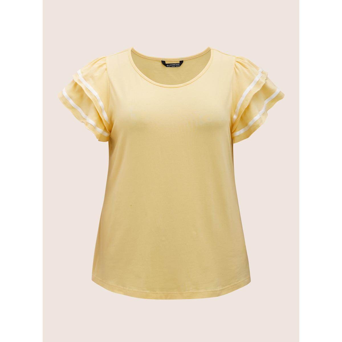 Plus Size Crew Neck Tiered Ruffles Contrast Webbing T-shirt Lightyellow Women Casual Contrast Round Neck Everyday T-shirts BloomChic 18-20/2X Product Image