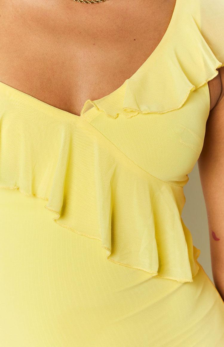 Everleene Yellow Ruffle Mesh Midi Dress Product Image