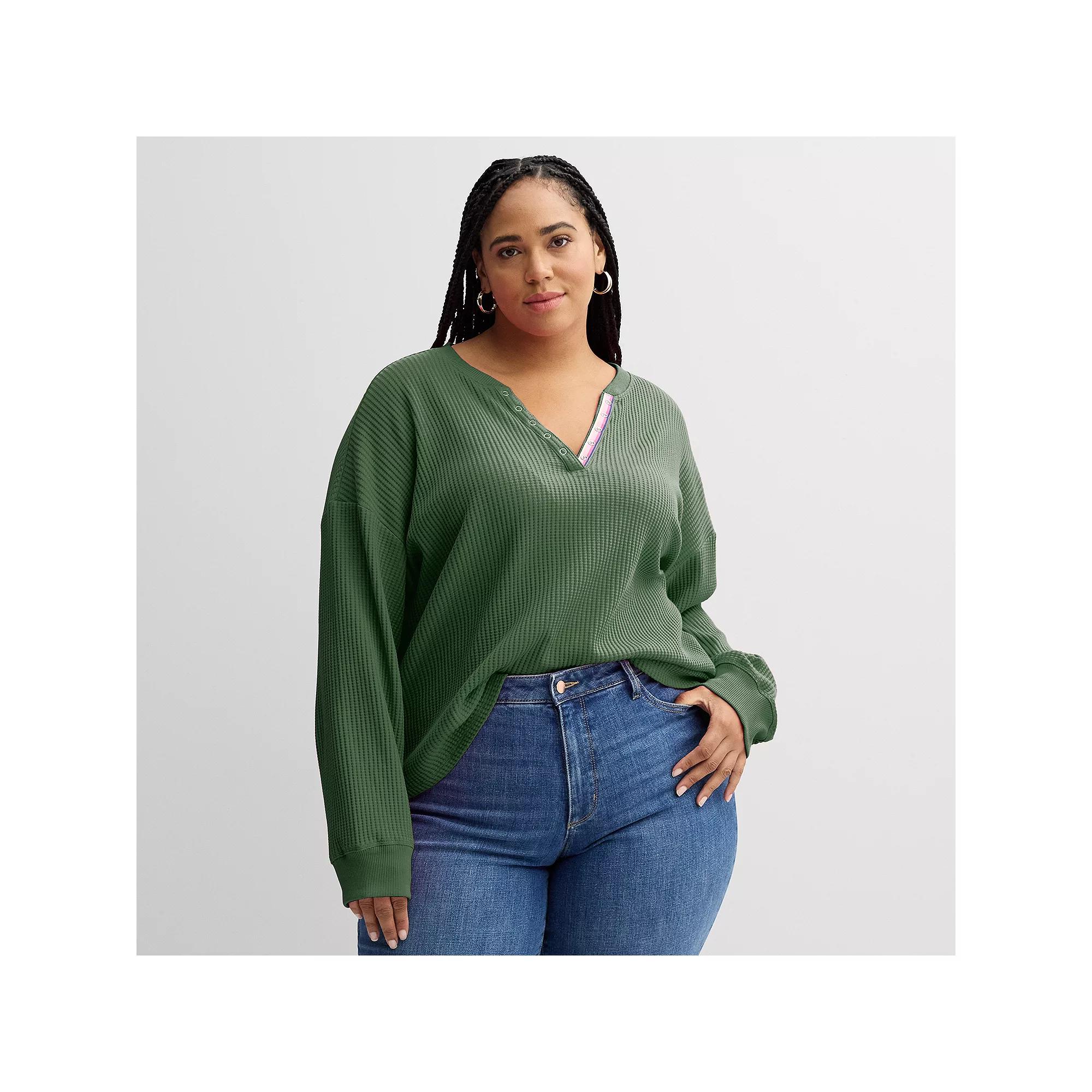 Plus Size Sonoma Goods For Life® Relaxed Waffle Knit Henley, Women's, Size: 0X, Manolo Green Product Image