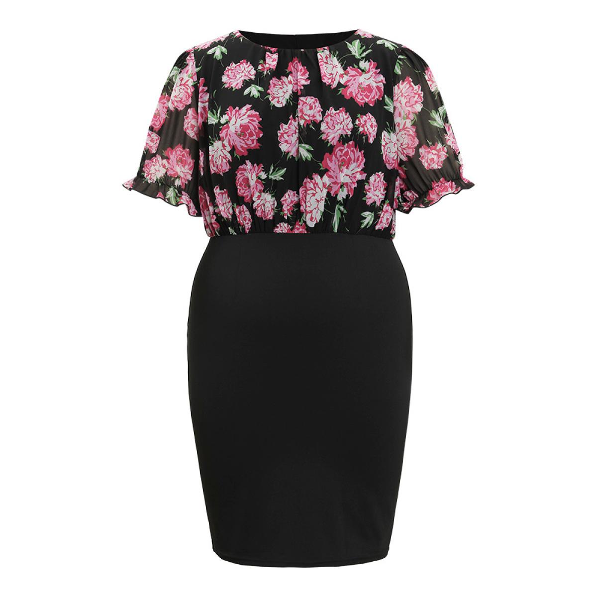 Plus Size Floral Patchwork Mesh Puff Sleeve Bodycon Dress Black Women Elegant Gathered Round Neck Short sleeve Curvy Knee Dress BloomChic 26/4X Product Image