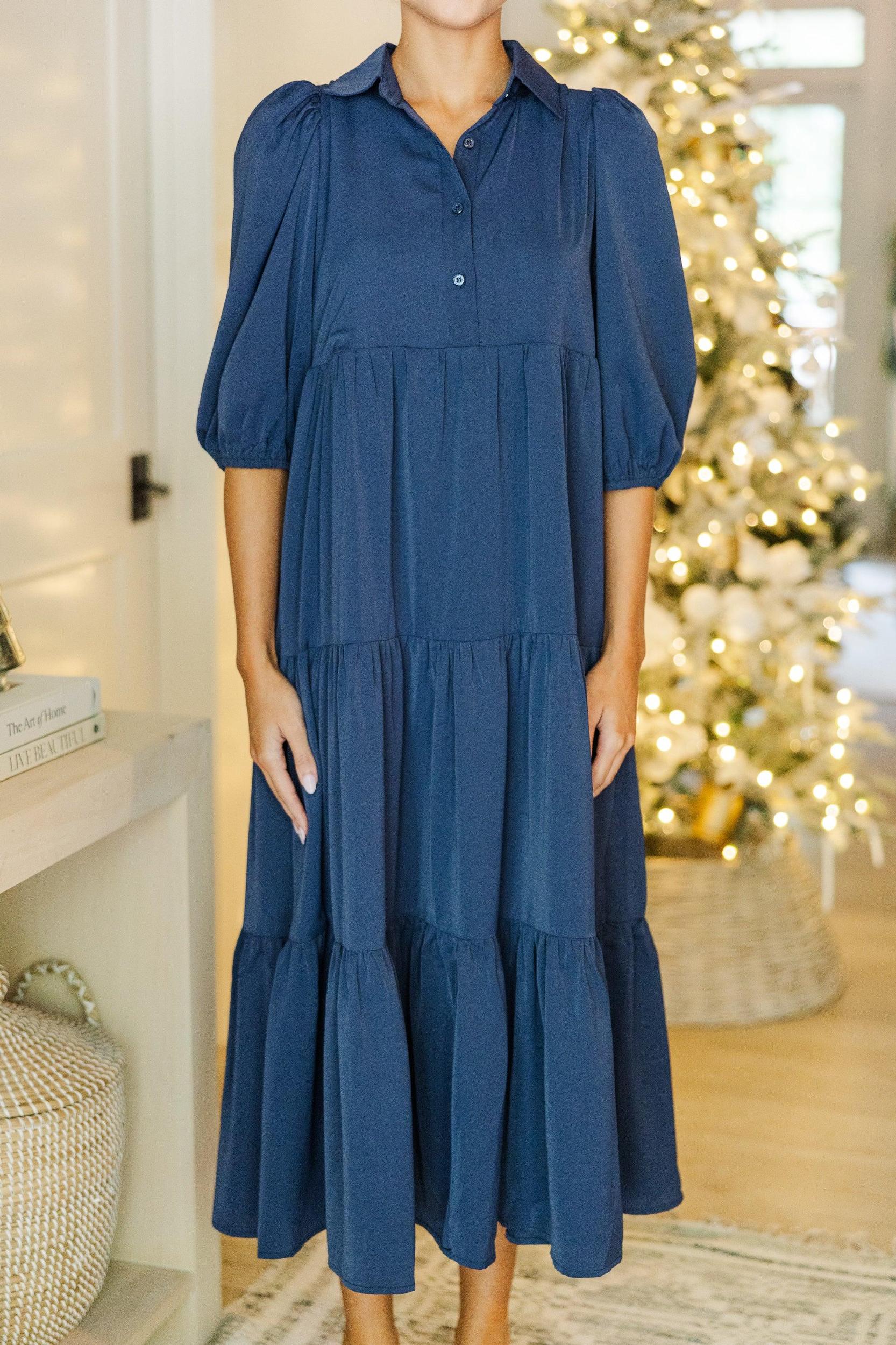 Love Found Navy Blue Tiered Midi Dress Female Product Image