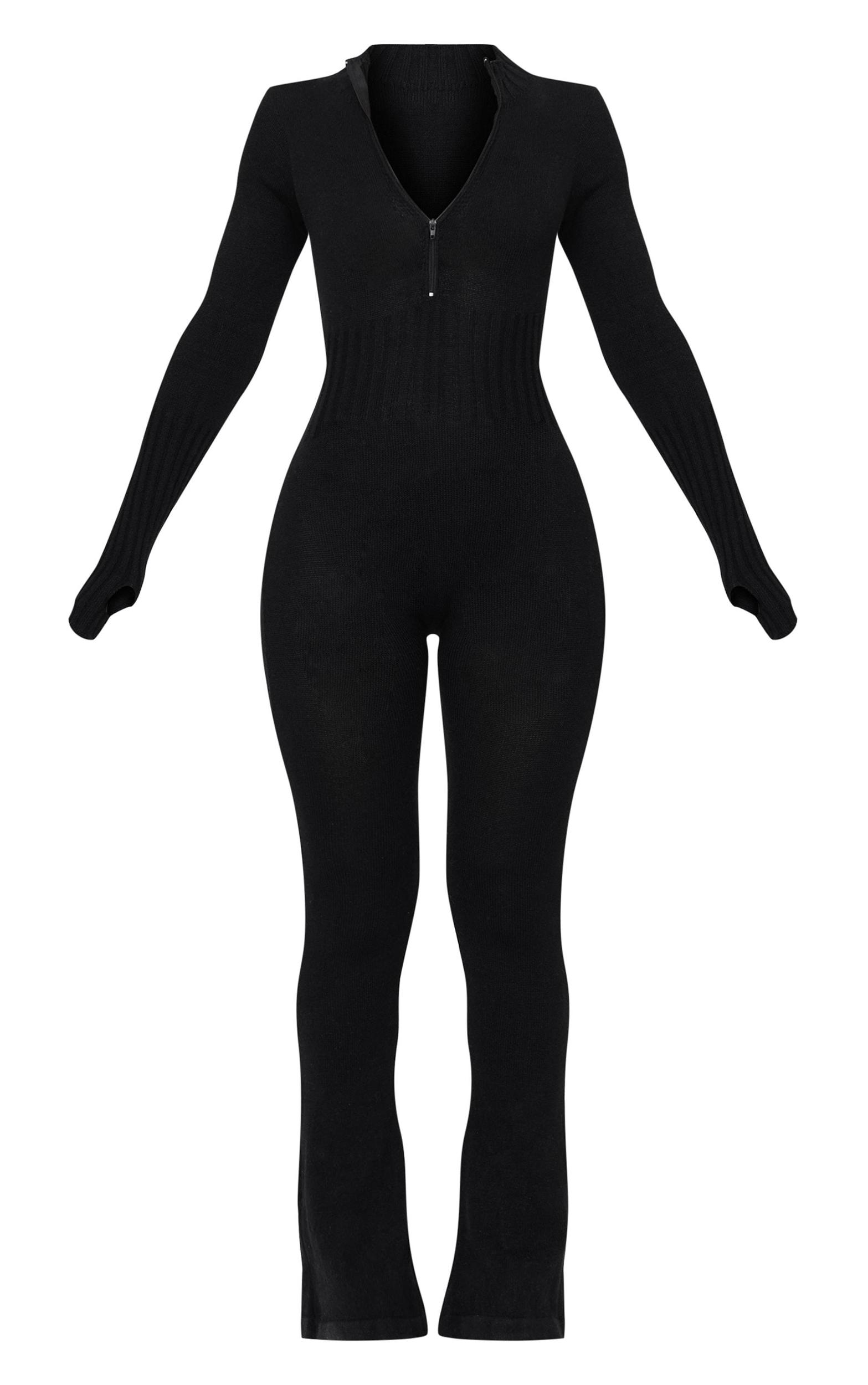 Petite Black Knitted Flared Zip Up Jumpsuit Product Image