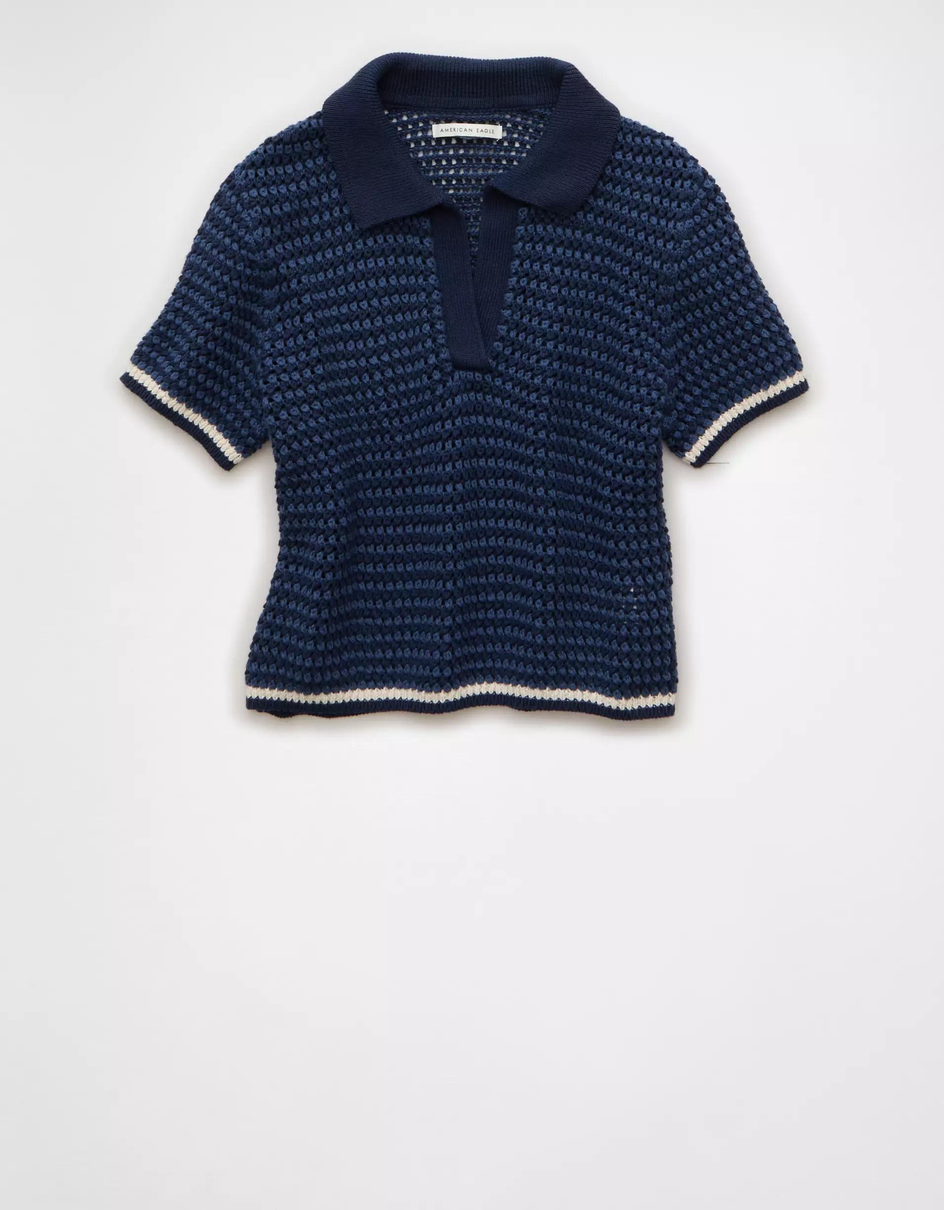 AE Cropped Crochet Sweater Polo Shirt Product Image