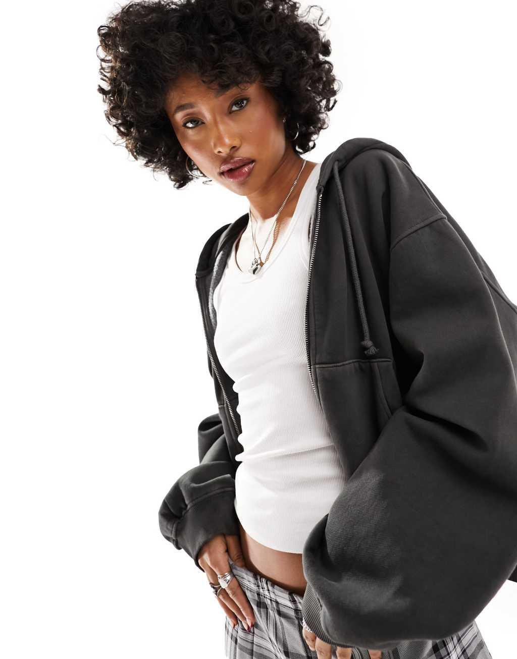 Weekday boxy heavyweight jersey zip hoodie in dark gray Product Image