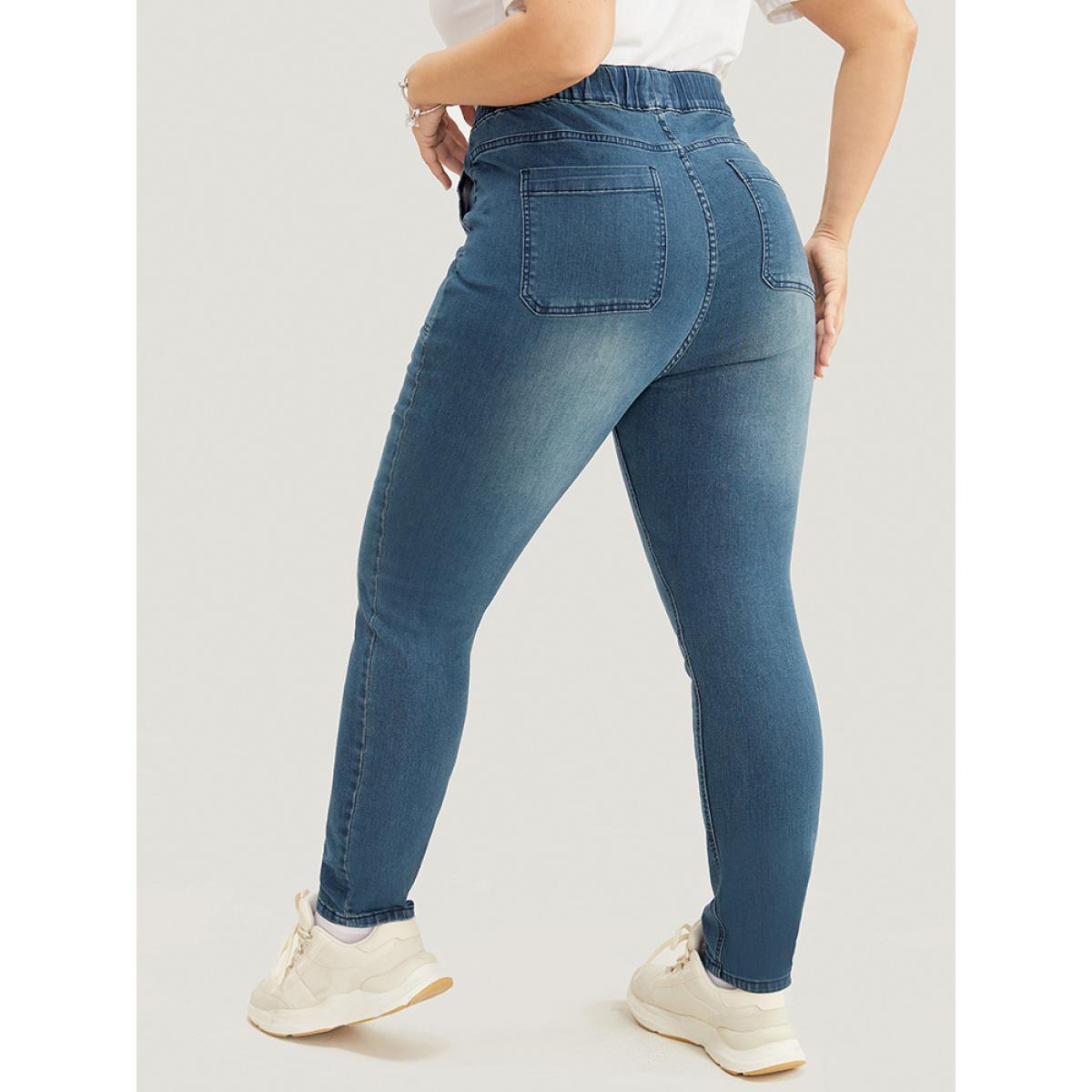 Plus Size Slightly Stretchy High Rise Dark Wash Drawstring Jeans Women DarkBlue Casual Plain Pocket Low stretch Pocket Jeans BloomChic 20/2X Product Image