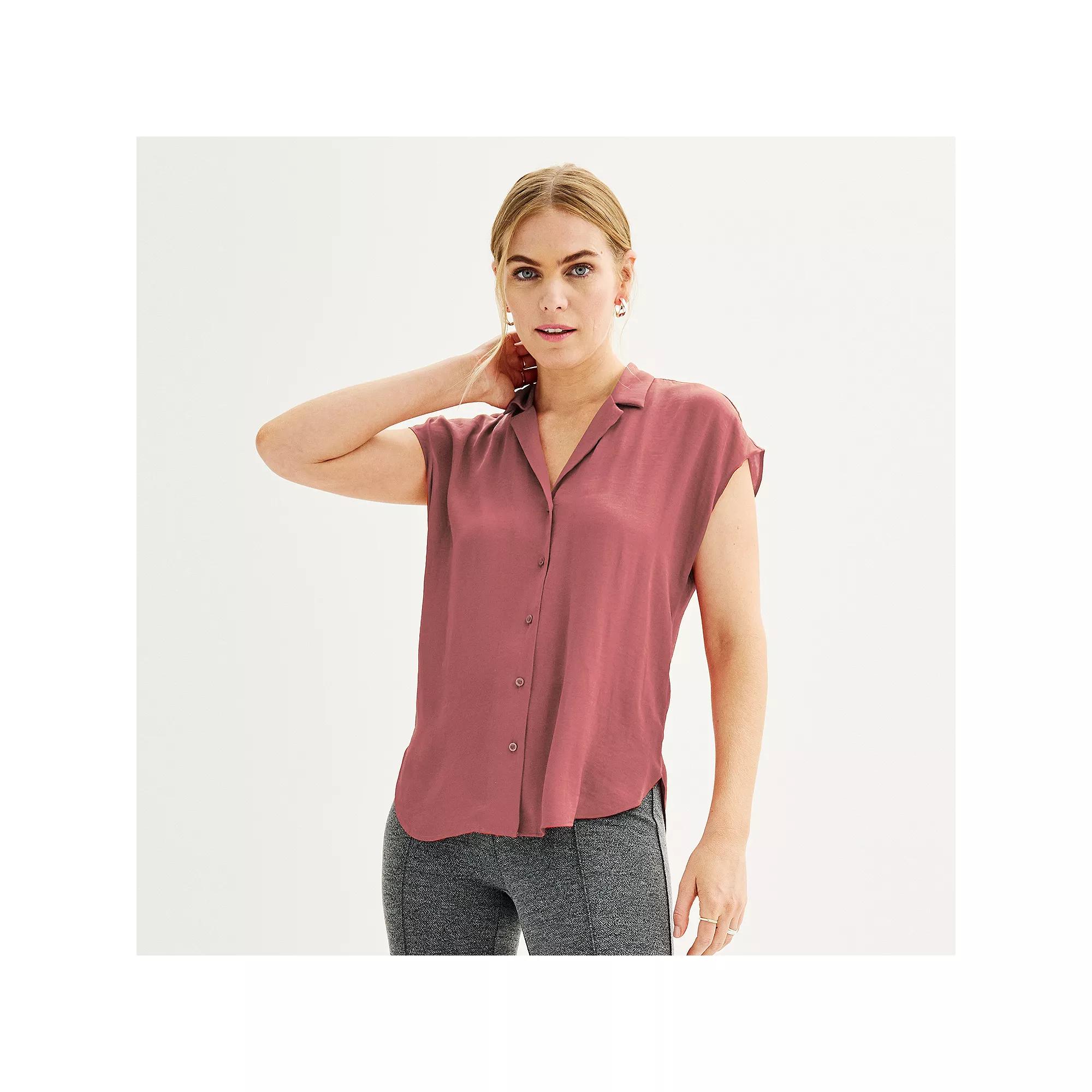 Women's Petite Nine West Short Sleeve Easy Lapel Shirt, Size: XS Petite, Just Pink Product Image