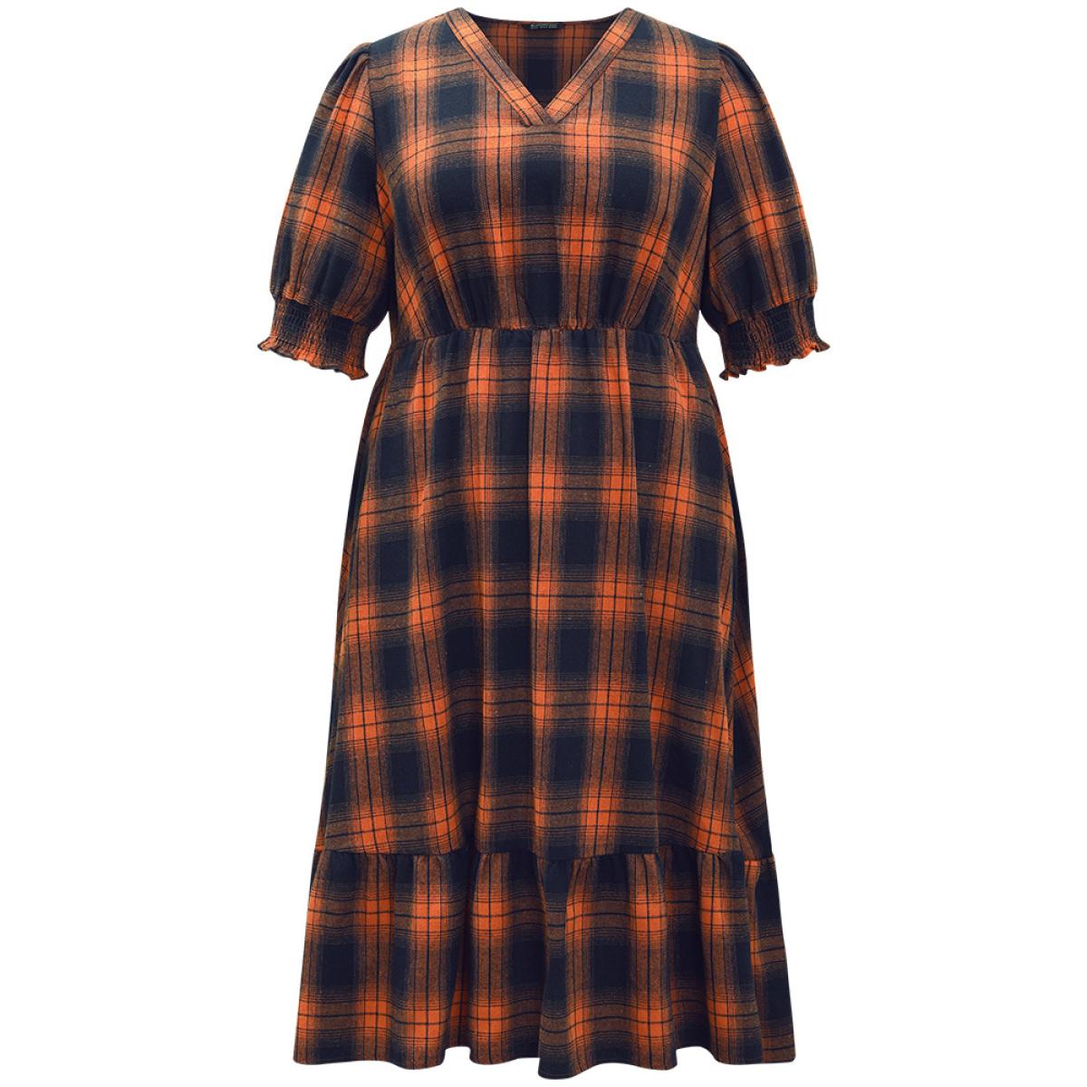 Plus Size Plaid Shirred Ruffles Pocket Dress Orange Women Elegant Printed V-neck Short sleeve Curvy Midi Dress BloomChic 30/6X Product Image