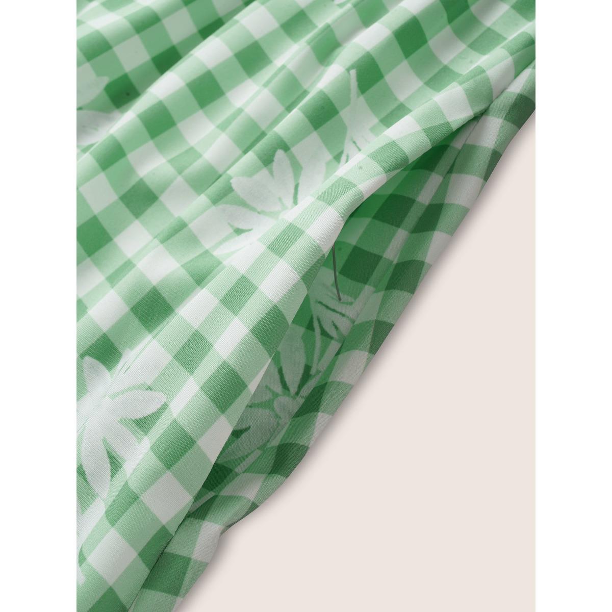 Plus Size Gingham Floral Ruffles Button Detail Dress Sage Women Casual Button V-neck Half Sleeve Curvy BloomChic 12/L Product Image