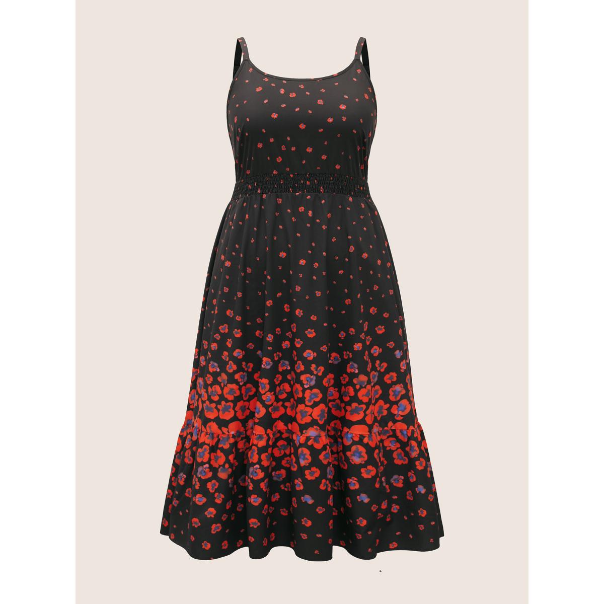 Plus Size Boho Print Elastic Waist Cami Midi Dress Black Women Elegant Non U-neck Sleeveless Curvy BloomChic 14-16/1X Product Image