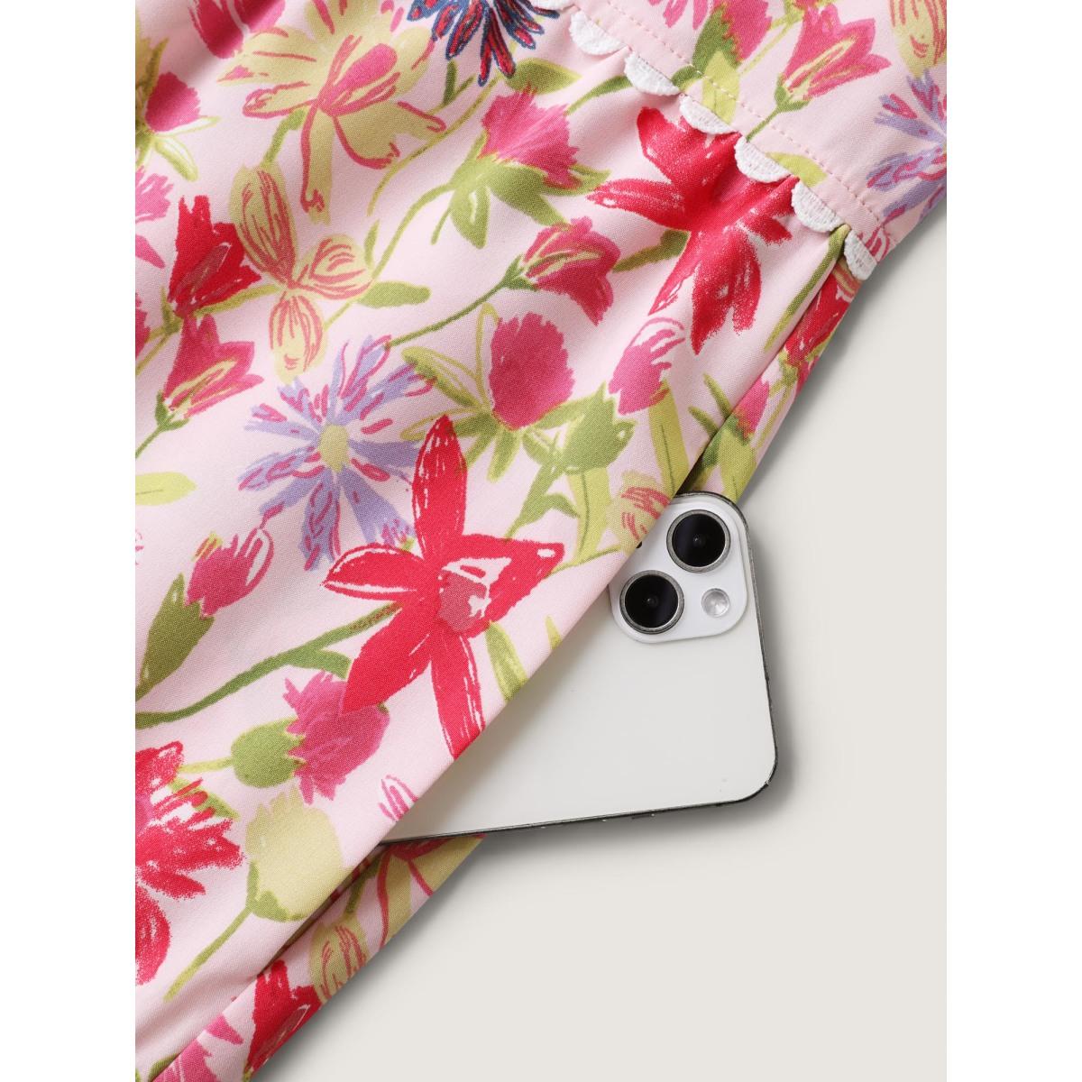 Plus Size Floral Color Block Lace Trim Midi Dress Blush Women Playful Woven ribbon&lace trim Notched collar Cap Sleeve Curvy BloomChic 10/M Product Image