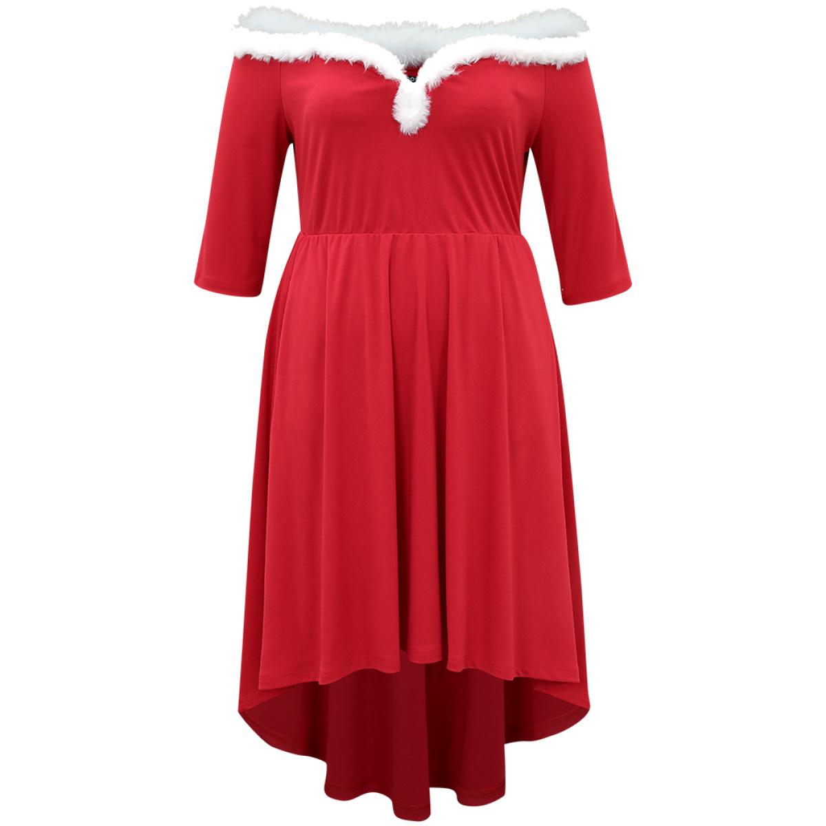 Plus Size Christmas Off Shoulder Fuzzy Trim High Low Hem Dress Red Women Party Patchwork One-shoulder neck Elbow-length sleeve Curvy Midi Dress BloomChic 26/4X Product Image