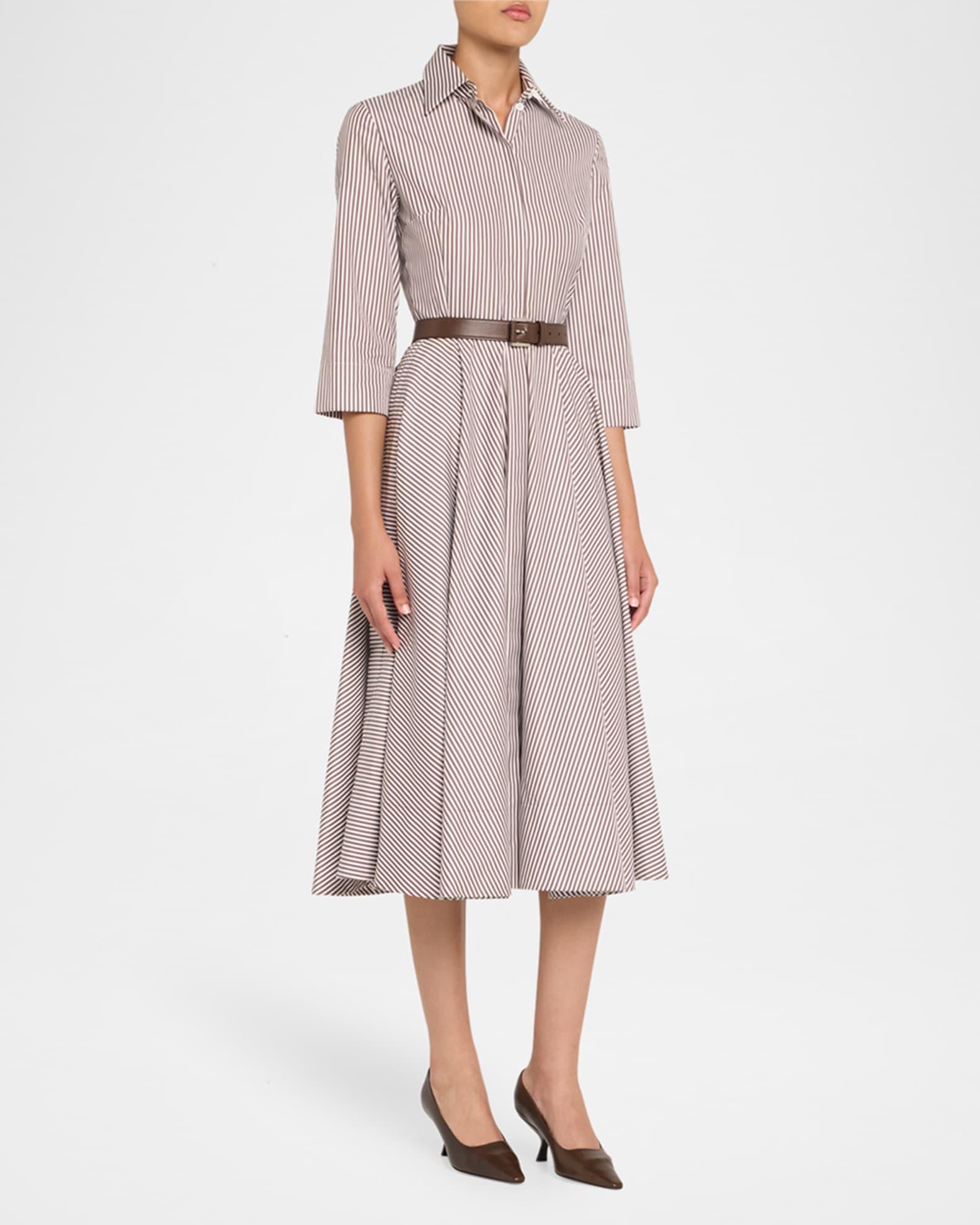3/4-Sleeve Striped Midi Shirtdress With Belt Product Image
