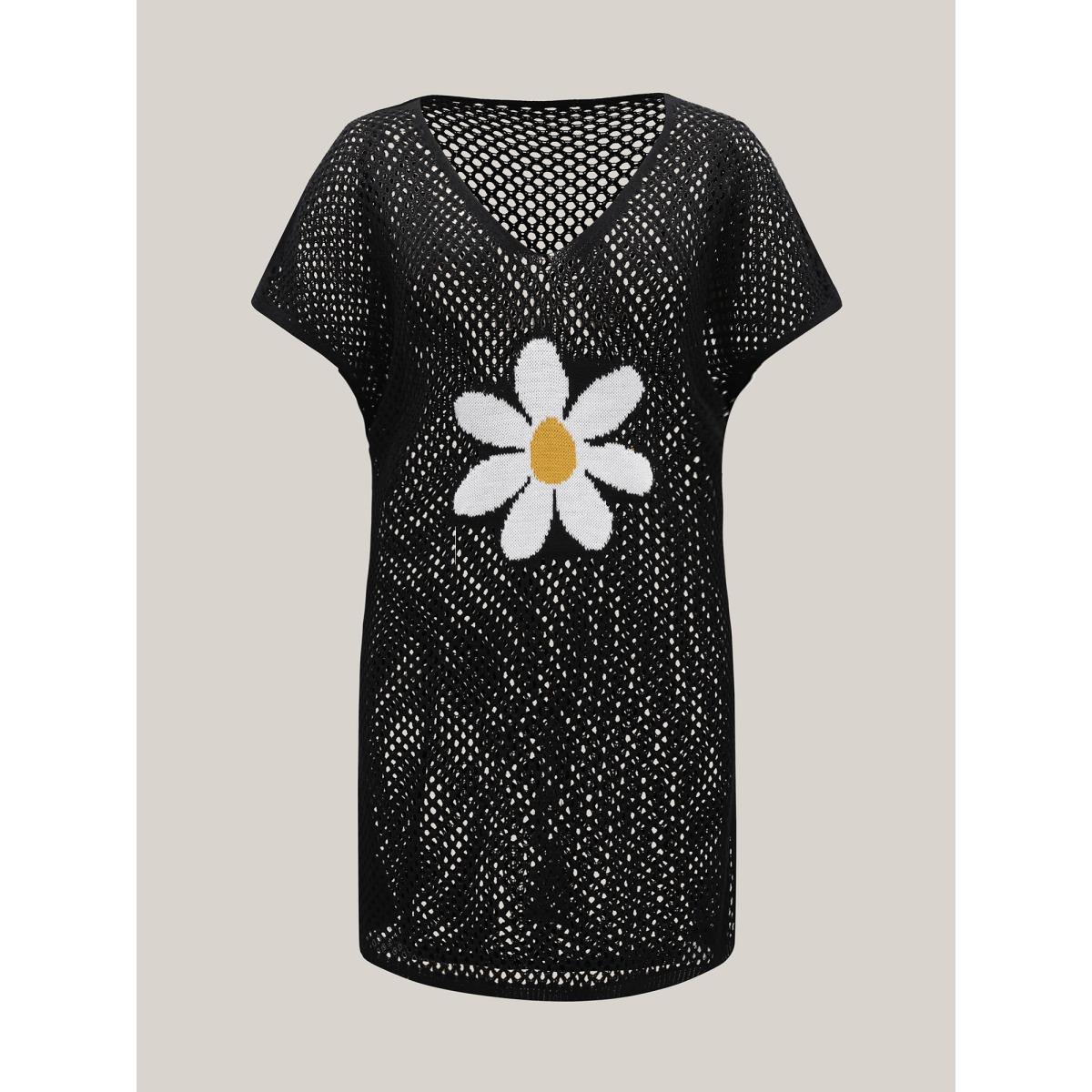 Plus Size Floral Jacquard Pattern Cut-Out Swim Cover-Up Women's Swimwear Black Beach Loose Cut-Out Curve Swim Cover Ups BloomChic 30/6X Product Image