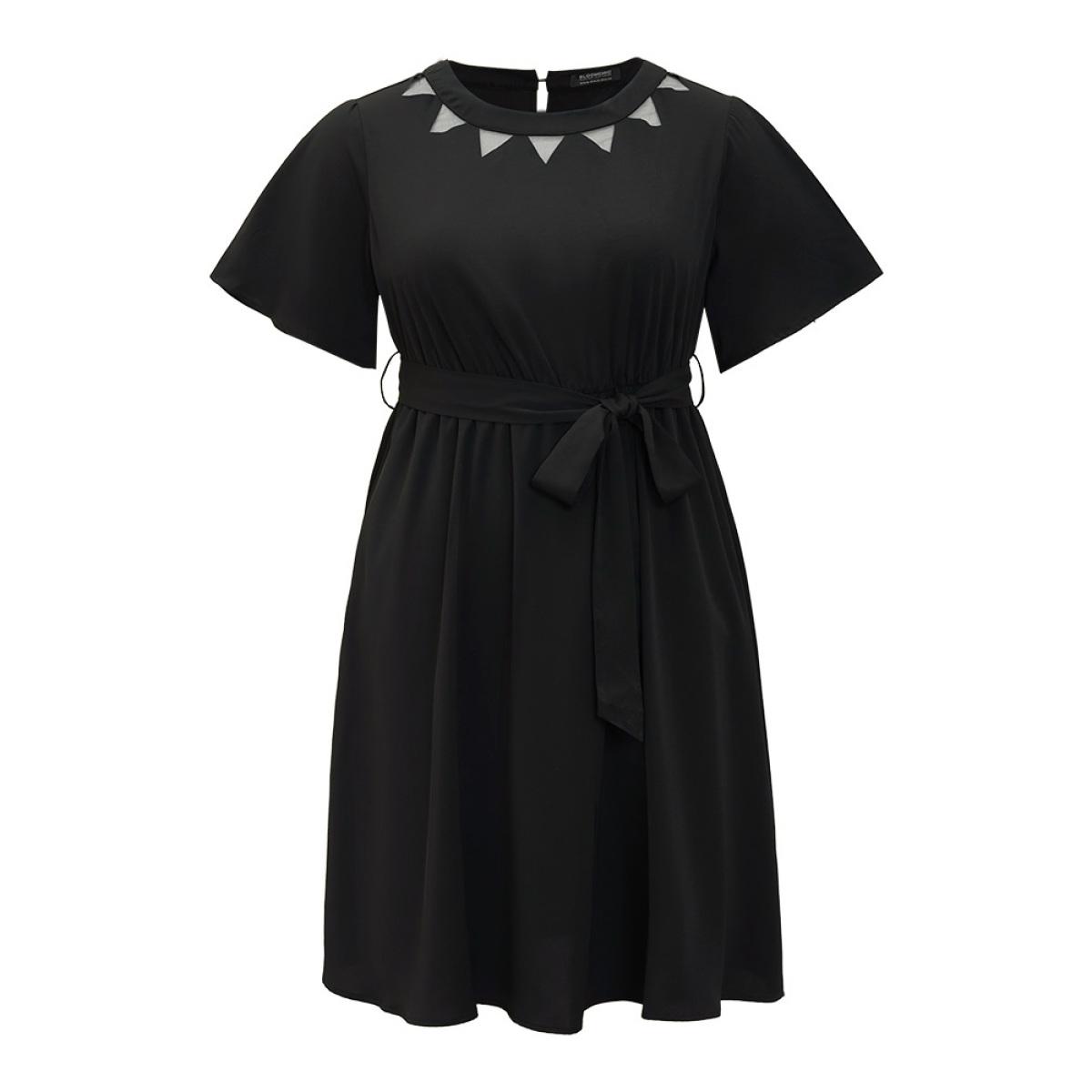 Plus Size Anti-Wrinkle Solid Flutter Belted Pocket Mesh Cut Out Dress Black Women Office See through Round Neck Short sleeve Curvy Midi Dress BloomChic 12/L Product Image