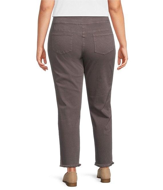 Multiples Plus Size Solid Garment Dyed Straight Leg Fringe Hem Pull-On Ankle Pants Product Image