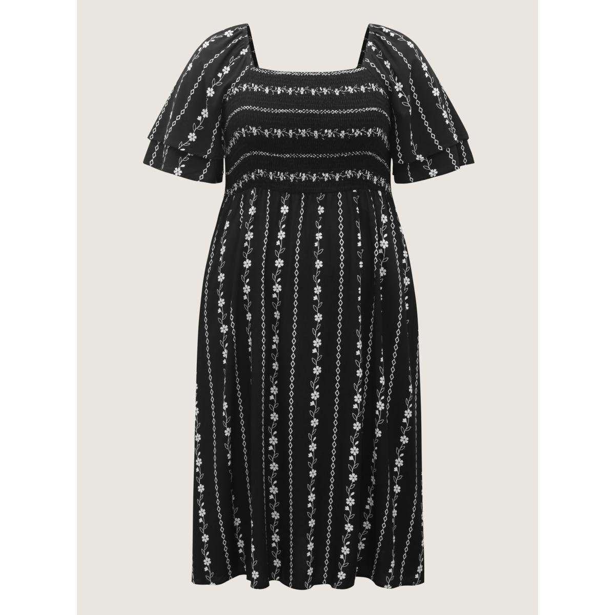 Plus Size Floral Stripes Layered Ruffle Sleeve Midi Dress Black Women Timeless Shirred Square Neck Short sleeve Curvy BloomChic 28/5X Product Image