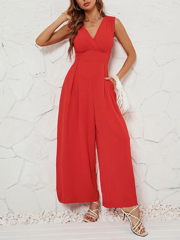 Loose Sleeveless Pleated Solid Color Split-Joint V-Neck Jumpsuits Product Image