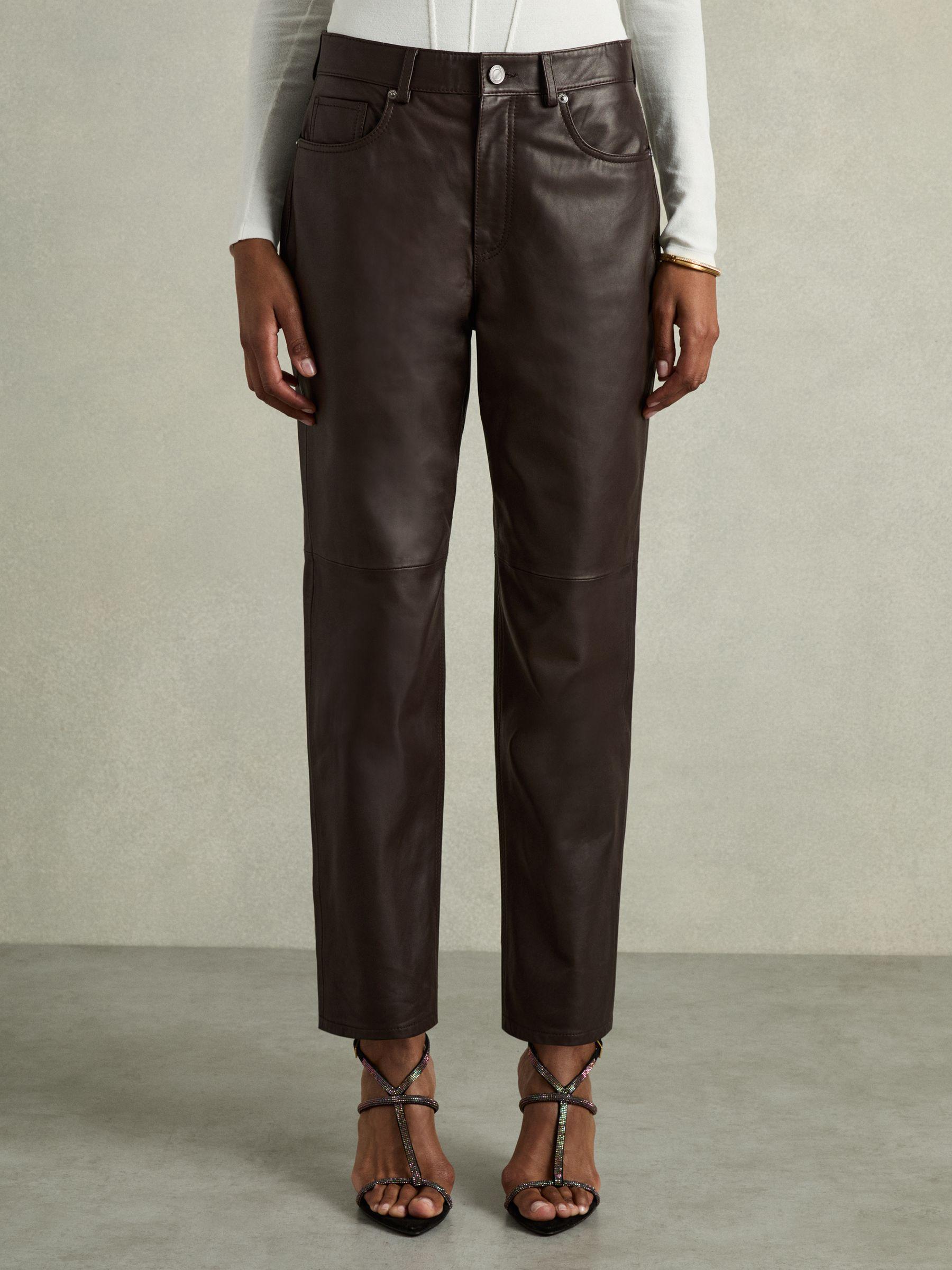 Petite Leather Slim-Leg Trousers in Chocolate Product Image