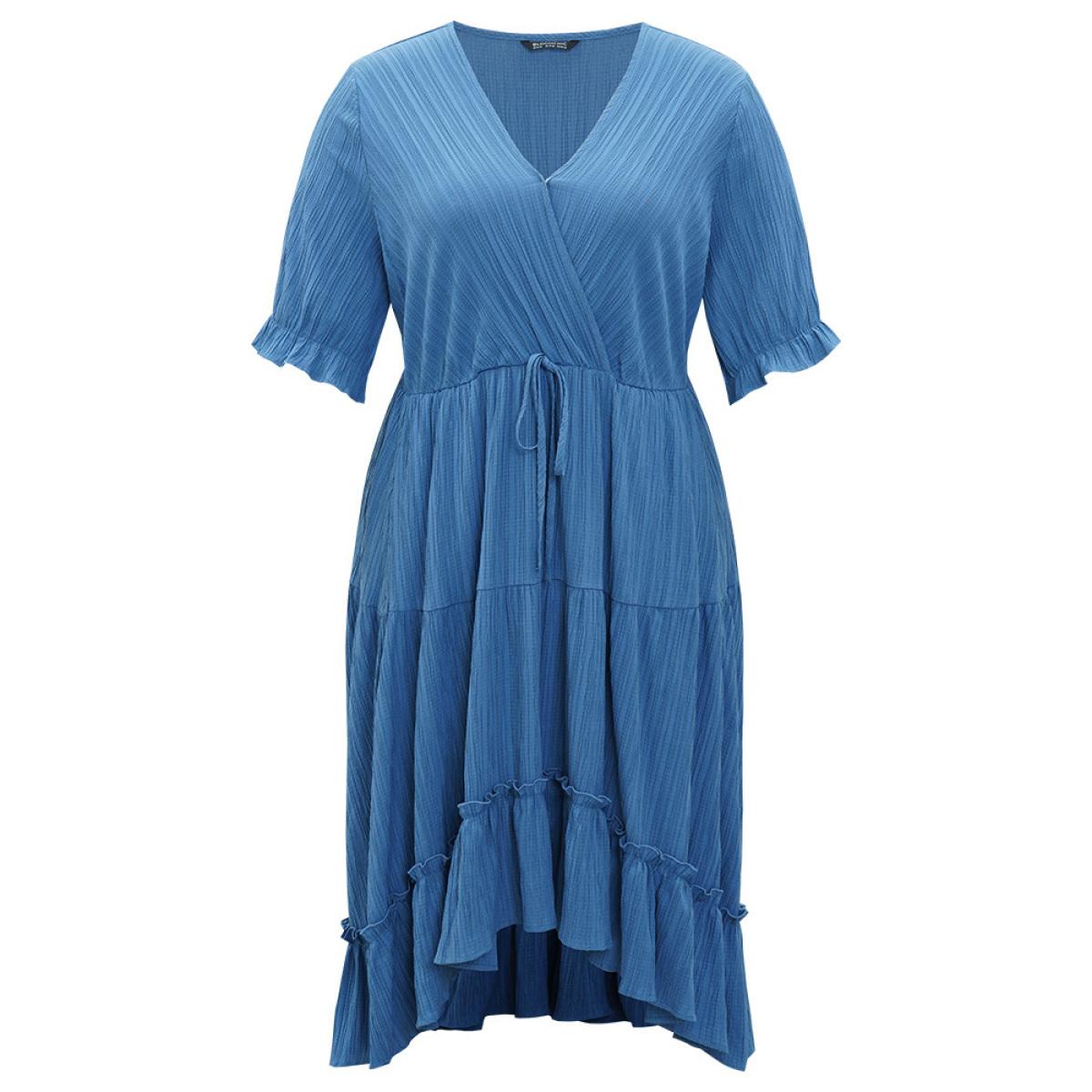 Plus Size Solid Textured Pocket Overlap Collar Flutter Trim Dress Stone Women Elegant Texture V-neck Half Sleeve Curvy Midi Dress BloomChic 12/L Product Image