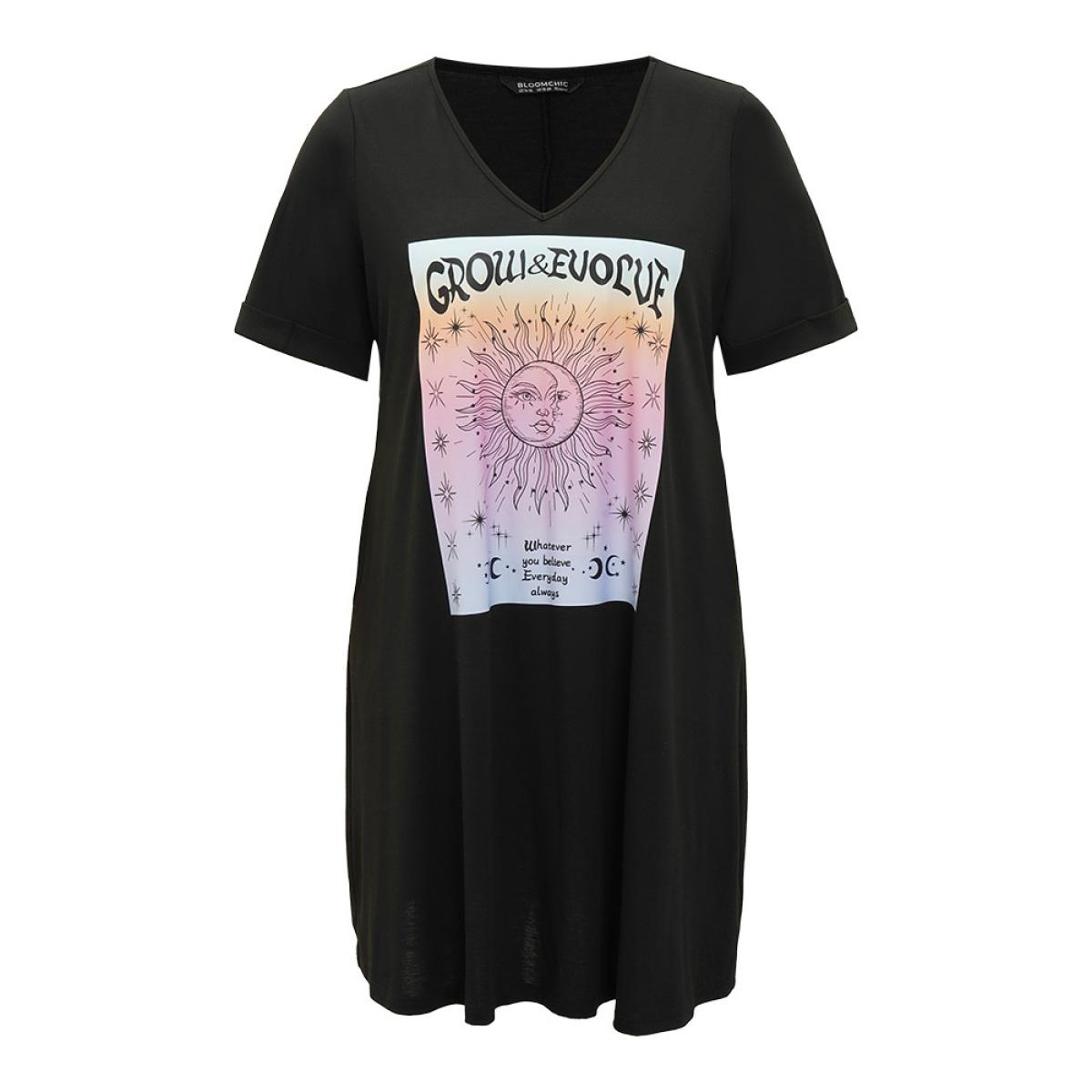 Plus Size Supersoft Essentials Horoscope Print Pocket Roll Sleeve Dress Black Women Casual Plain V-neck Short sleeve Curvy Midi Dress BloomChic 18-20/2X Product Image