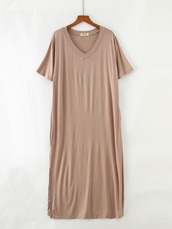 Simple Short Sleeves Loose Split-Side Solid Color V-Neck Pajamas Dress Product Image