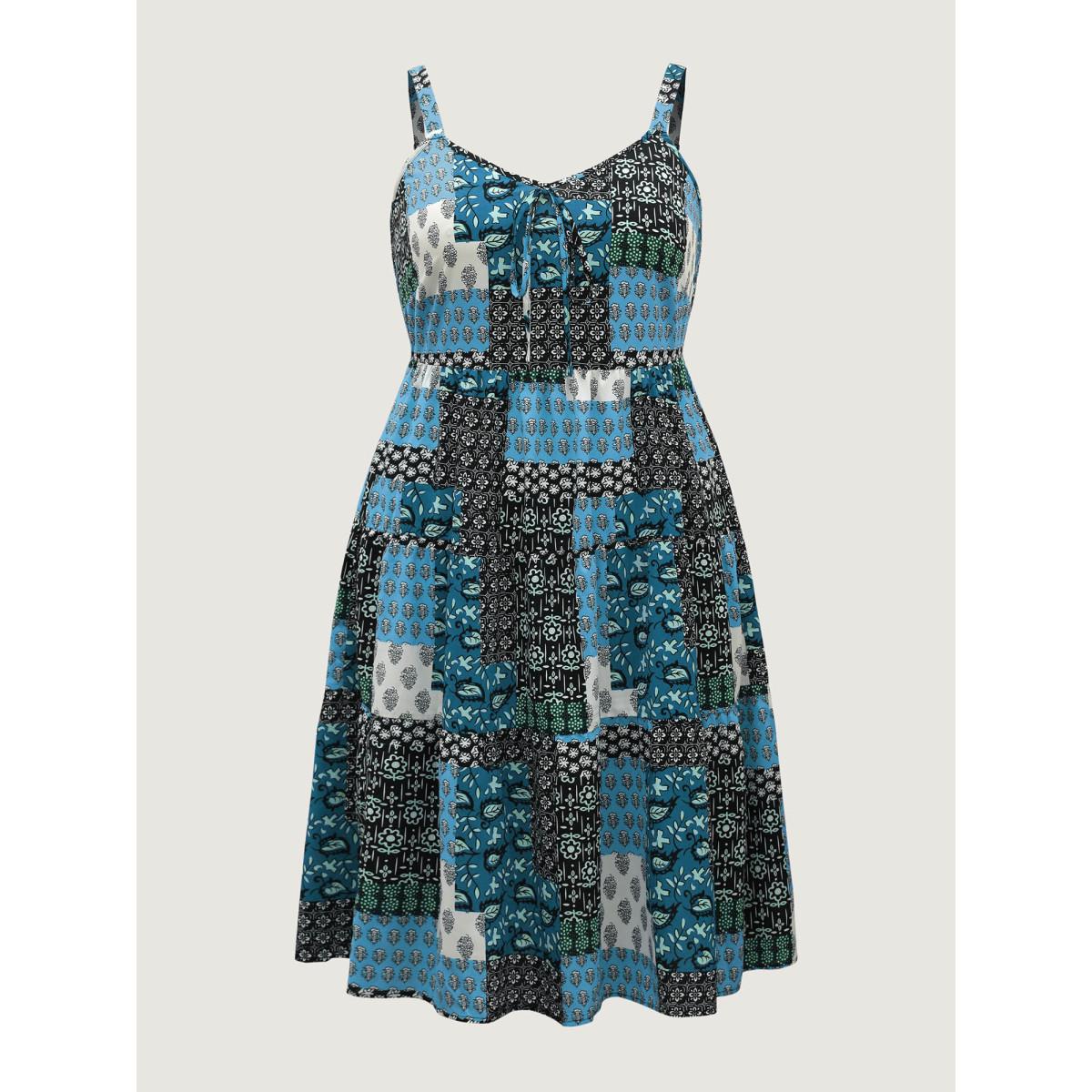 Plus Size Boho Floral Collage Stretchy Waist Midi Dress Multicolor Women Tie knot Non Sleeveless Curvy BloomChic 30/6X Product Image