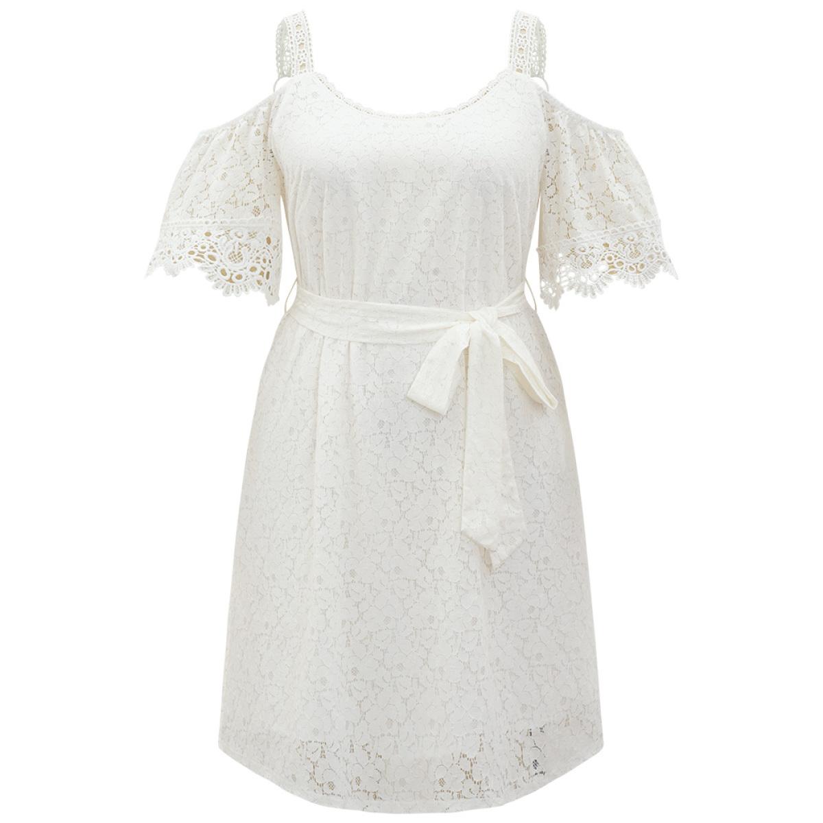 Plus Size Lace Panel Belted Cold Shoulder Flutter Sleeve Dress White Women Elegant Lined Cold Shoulder Half Sleeve Curvy Knee Dress BloomChic 26/4X Product Image