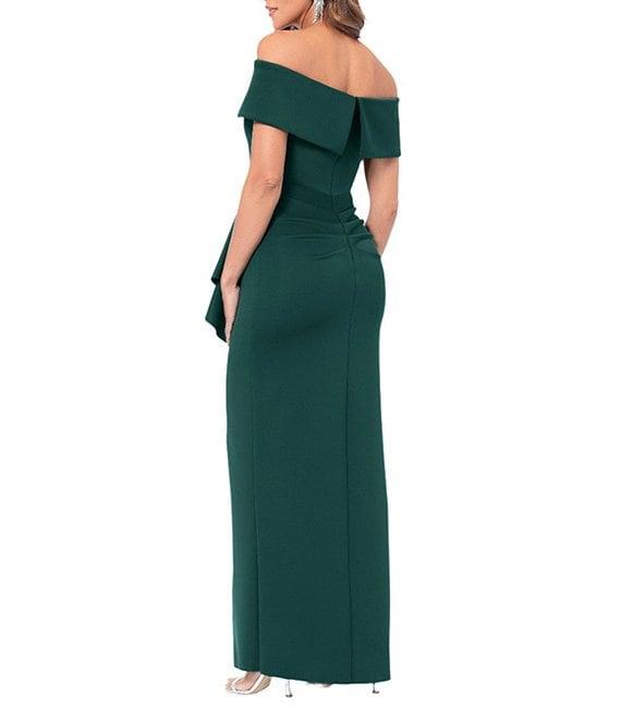 Xscape Off the Shoulder Scuba Crepe Ruched Bodice Ruffle Front Gown Product Image