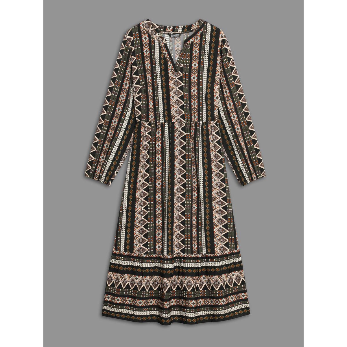 Plus Size Bandana Lantern Sleeve Ruffle Hem Dress Black Women Resort Non Notched collar Long Sleeve Curvy BloomChic 28/5X Product Image