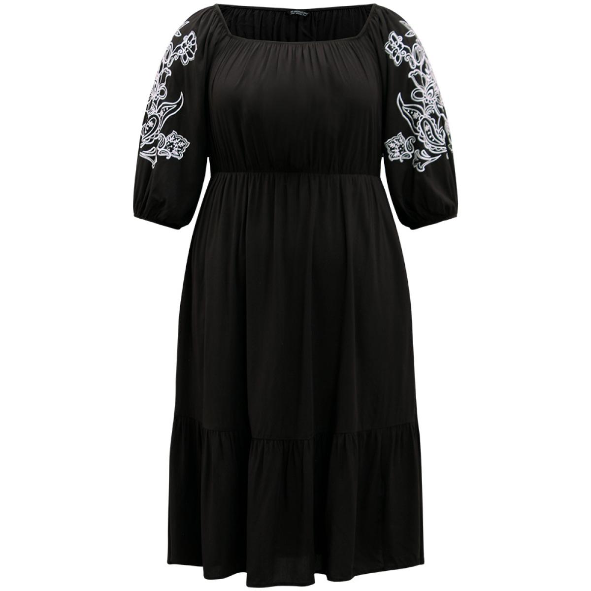 Plus Size Floral Embroidered Pocket Square Neck Lantern Sleeve Dress Black Women Vacation Adjustable Straps Square Neck Half Sleeve Curvy Midi Dress BloomChic 18-20/2X Product Image