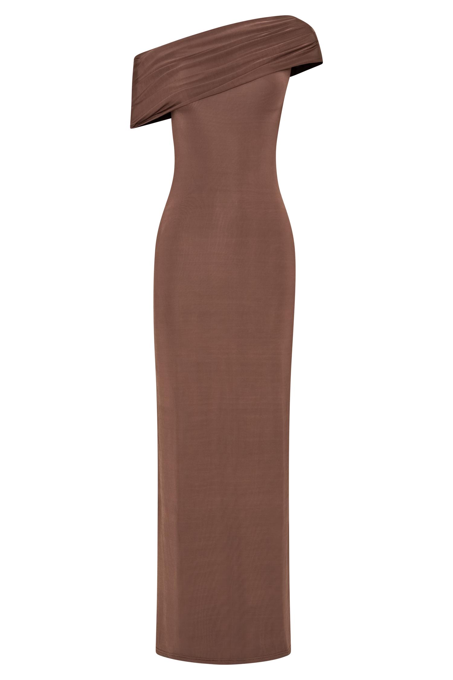 Cassandra Off Shoulder Slinky Maxi Dress - Chocolate Product Image