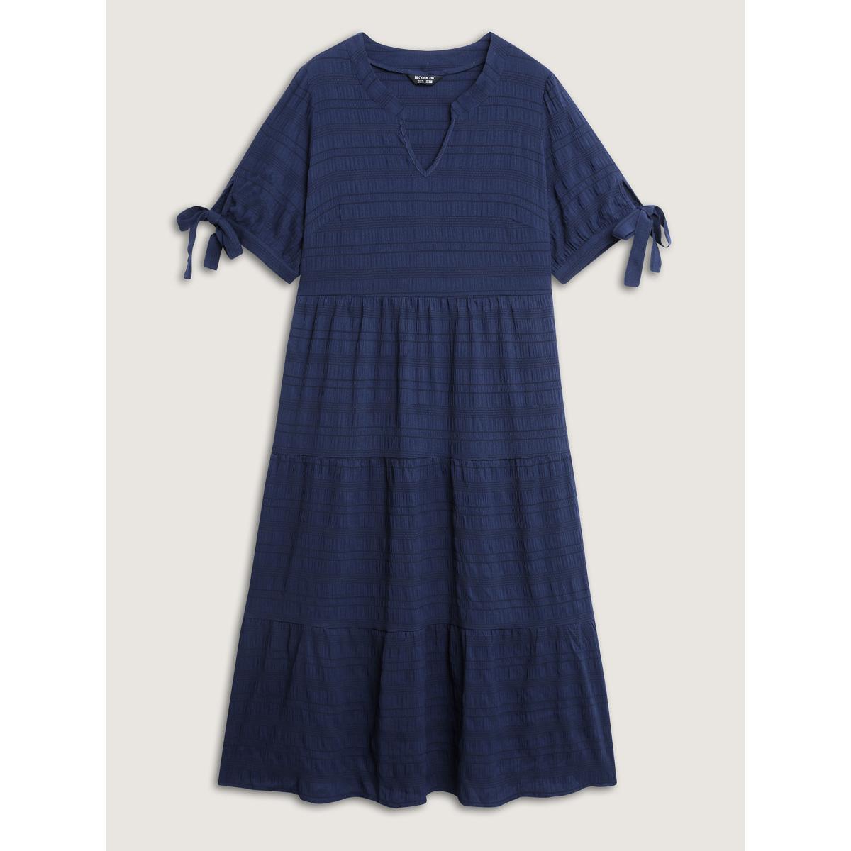 Plus Size Textured Sleeve-Tie Tiered Maxi Dress DarkBlue Women Leisure Tiered Flat collar with V-notch Half Sleeve Curvy BloomChic 14-16/1X Product Image