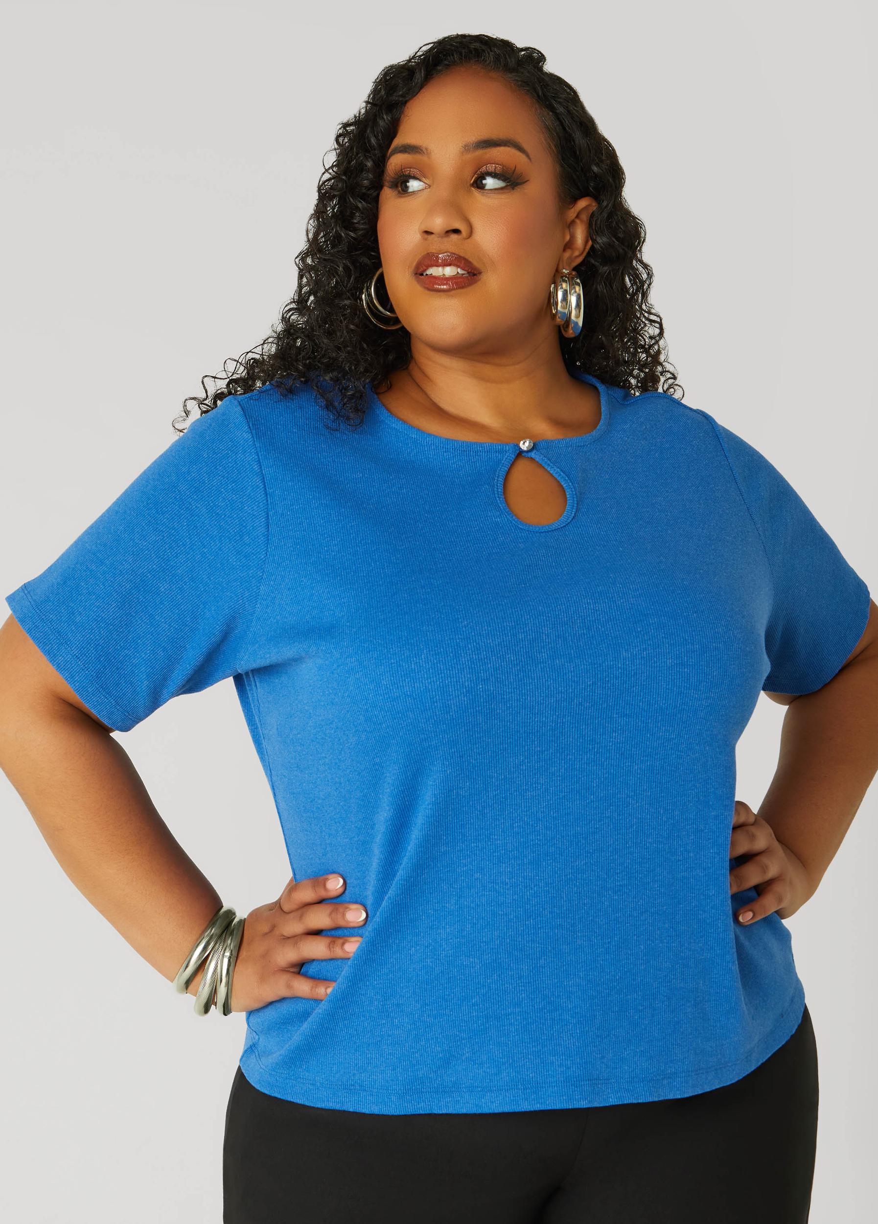 Plus Size Crystal Keyhole Ribbed Top Ashley Stewart Product Image