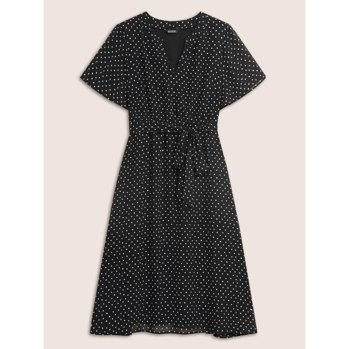 Plus Size Chiffon Polka Dot Ruffle Sleeve Dress Black Women Elegant See through Flat collar Short sleeve Curvy BloomChic 30/6X Product Image