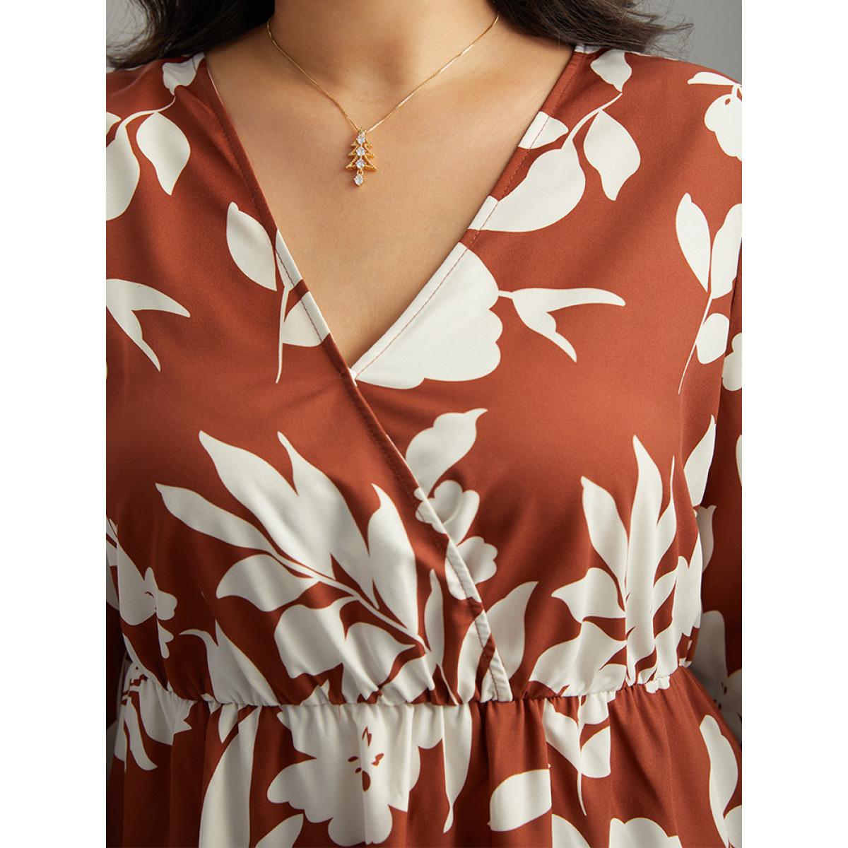 Plus Size Chocolate Silhouette Floral Print Elastic Waist Blouse Women Elegant Long Sleeve V-neck Dailywear Blouses BloomChic 22-24/3X Product Image