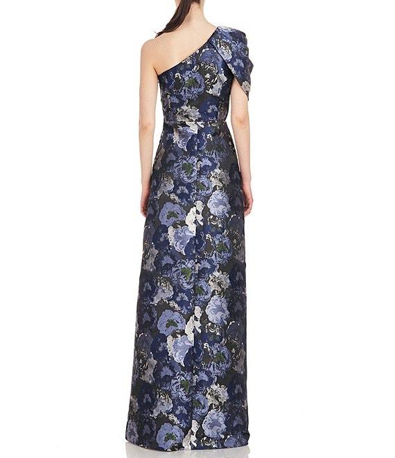 Kay Unger Floral Jacquard One Shoulder Drape Puff Sleeve Gown Product Image