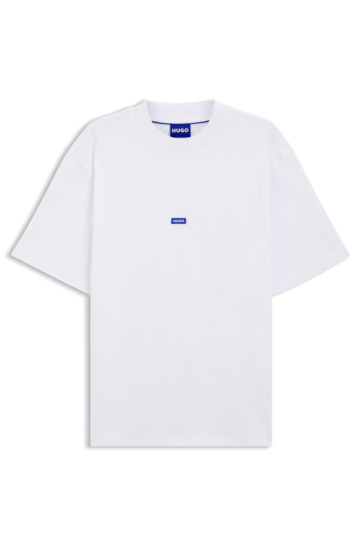 HUGO - Regular-fit cotton-jersey T-shirt with blue logo patch - White Product Image