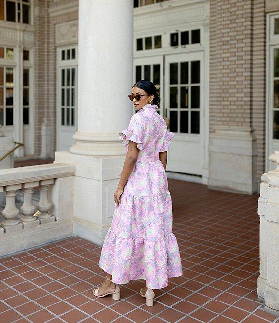 Abbey Glass Floral Print Sadie Ruffle Short Sleeve Tie Waist Tiered Pocketed Midi Dress Product Image