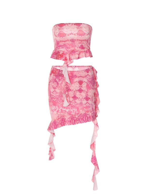 Printed Ruffled Top And Skirt Twopiece Product Image