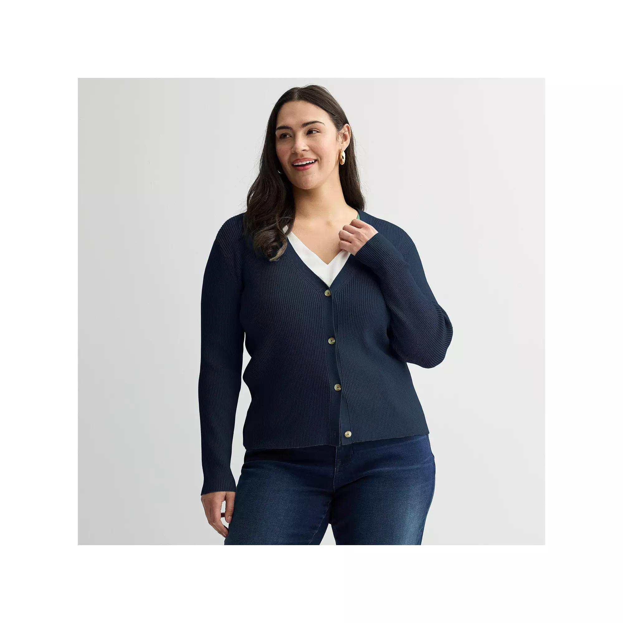 Plus Size Nine West Sweater Sculpt Ribbed Cardigan, Women's, Size: 4XL, Captain Product Image