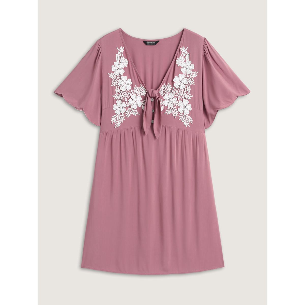 Plus Size Rayon Bodice Embroidered Patchwork Knot Midi Dress DustyPink Women V-neck Short sleeve Curvy BloomChic 10/M Product Image