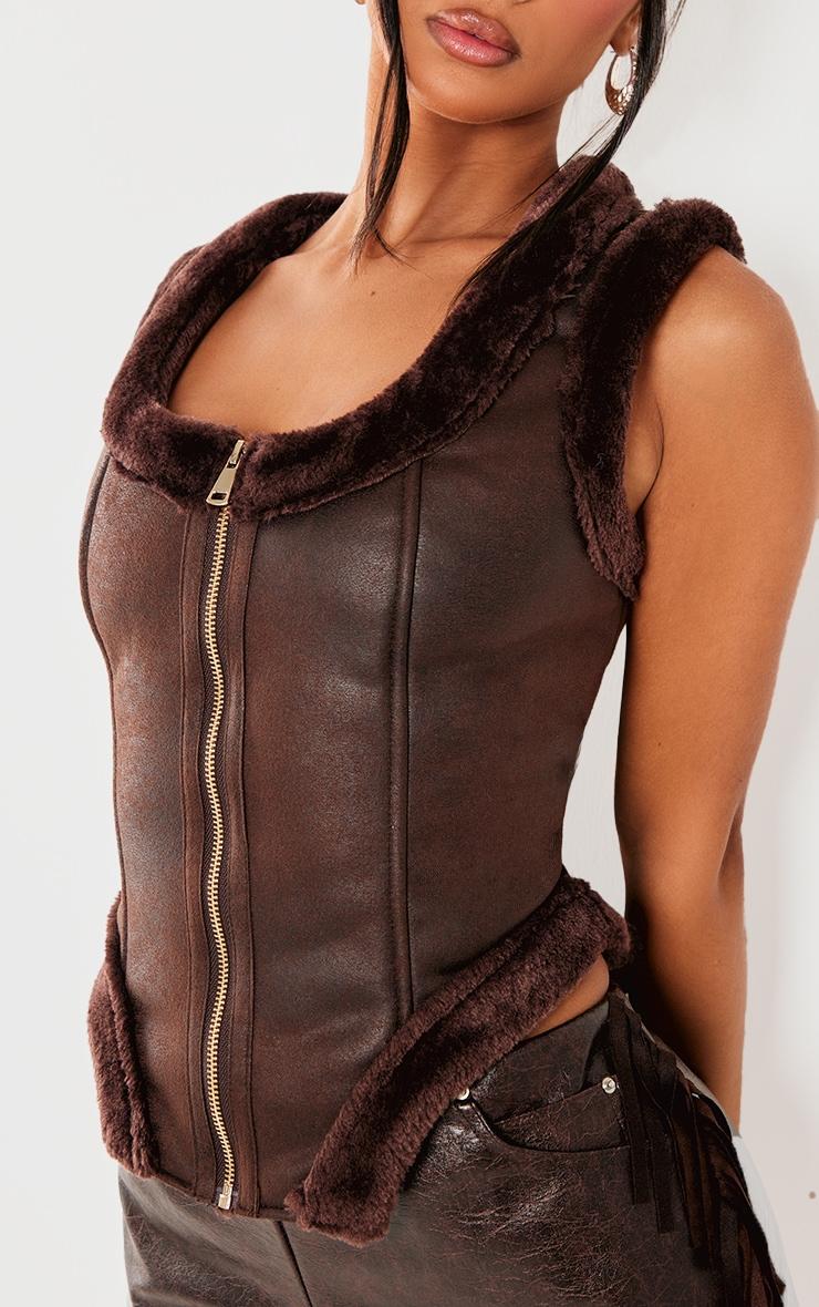 Petite Chocolate Faux Suede Sleeveless Dipped Hem Vest Product Image