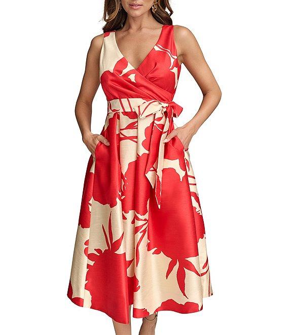 Donna Karan V-Neck Sleeveless Abstract Floral Print Midi Dress Product Image