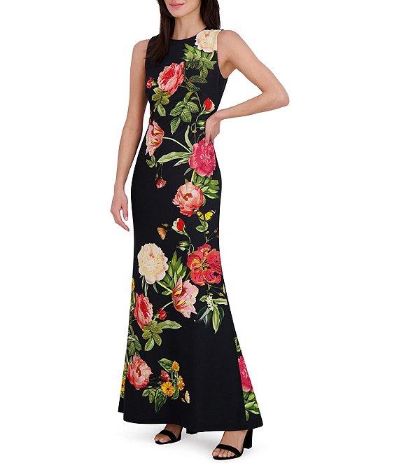 Vince Camuto Woven Floral Print Round Neck Sleeveless Maxi Gown Product Image