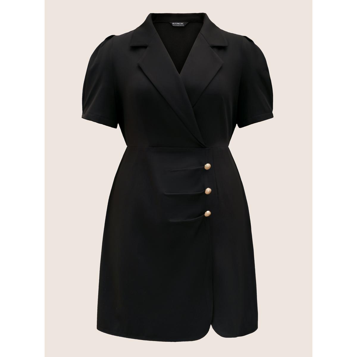 Plus Size Suit Collar Metal Detail Lantern Sleeve Dress Black Women Workwear Essentials Button Suit Collar Sleeveless Curvy BloomChic 30/6X Product Image
