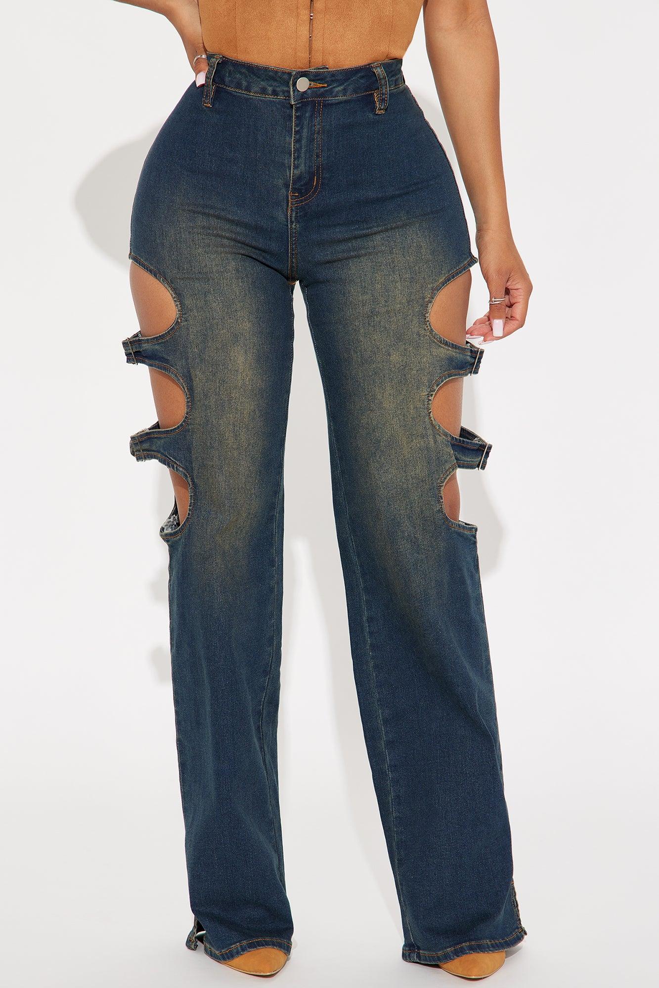 Setting The Tone Tinted Stretch Buckle Cutout Jeans - Dark Wash Product Image