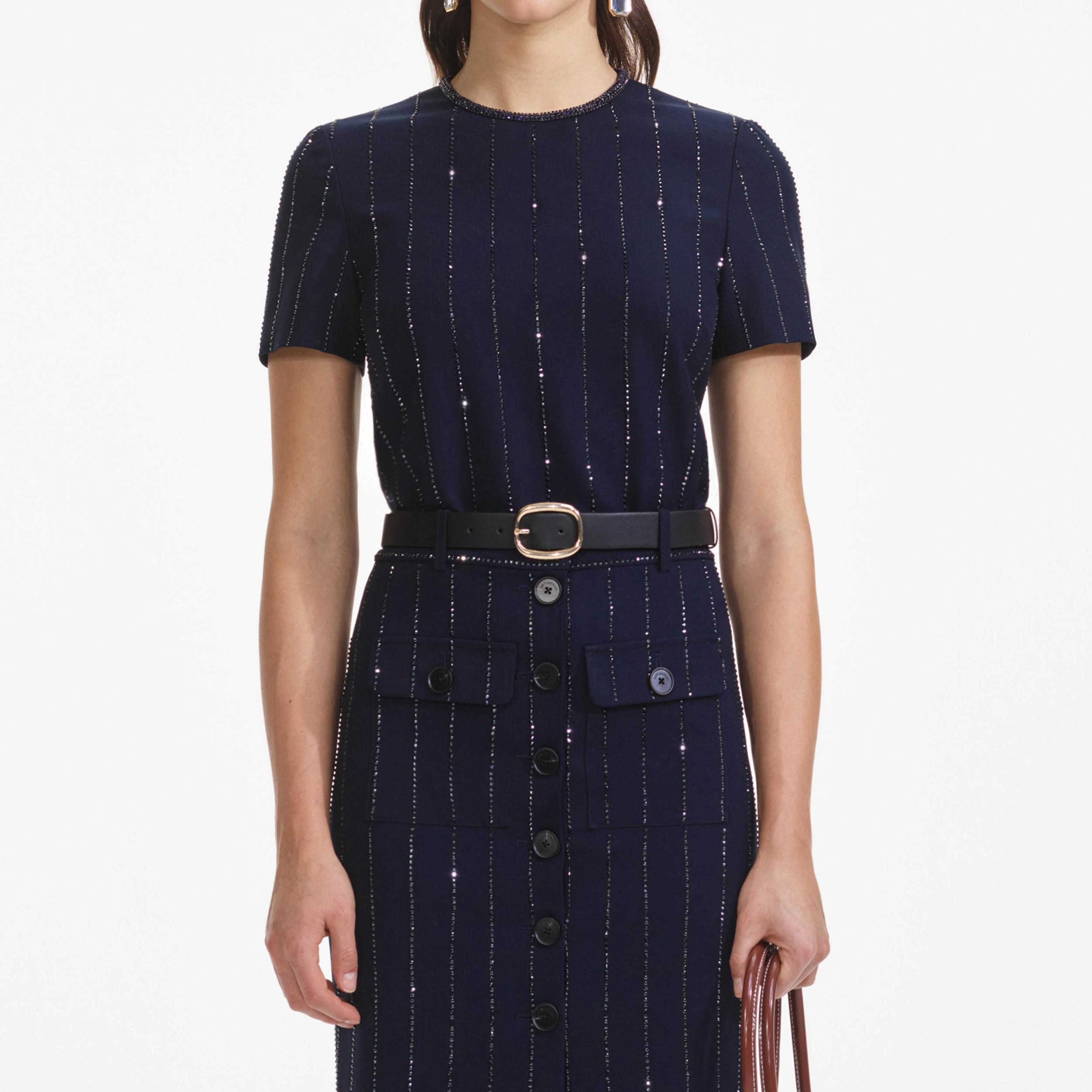 Navy Rhinestone Pinstripe Midi Skirt Product Image